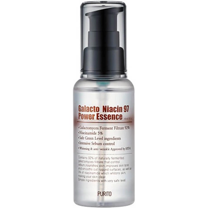 Purito Galacto Niacin 97 Power Essence 60 ml fuktighetsgivende ansiktsserum i frostet flaske med sort pumpe