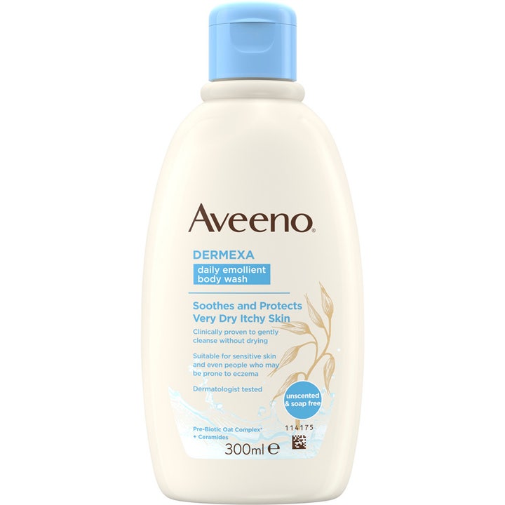 Aveeno Dermexa Daily Emollient Body Wash 300ml beroligende kroppsvask for tørr hud i beige flaske med lyseblått lokk