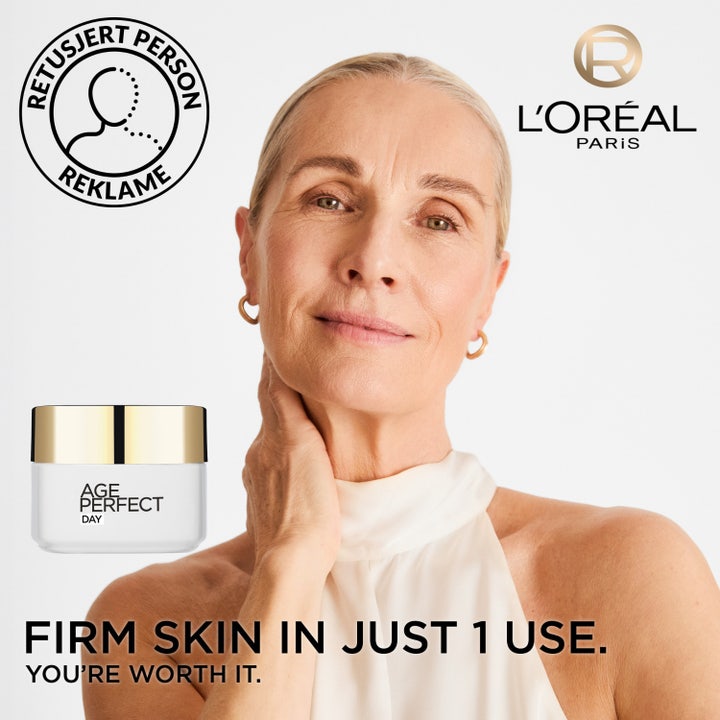 L'Oréal Paris Age Perfect Day Cream 50 ml dagkrem som gir fasthet vist med smilende moden kvinne.