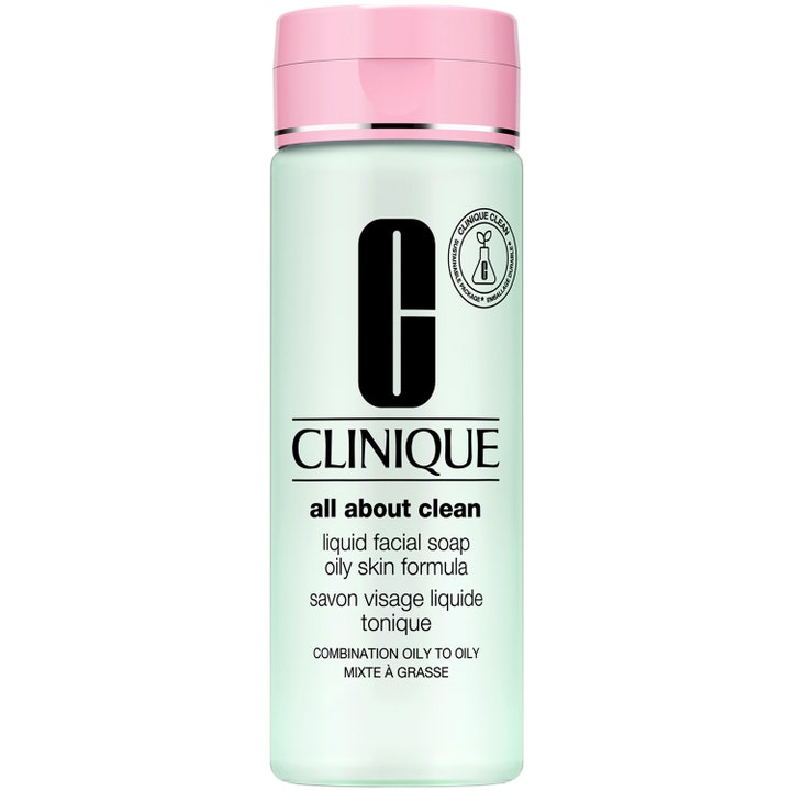 Clinique All About Clean Liquid Facial Soap 200 ml flytende ansiktsrens i lysegrønn flaske med rosa lokk