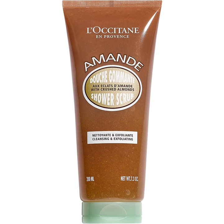 L'Occitane Amande Shower Scrub 200 ml eksfolierende kroppsskrubb i brun tube med mandelpartikler