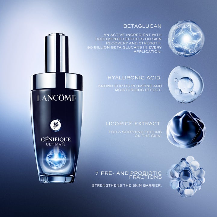 Lancôme Génifique Glow-Up øyekrem i mørk glassflaske med betaglukan og hyaluronsyre for effektiv hudpleie.