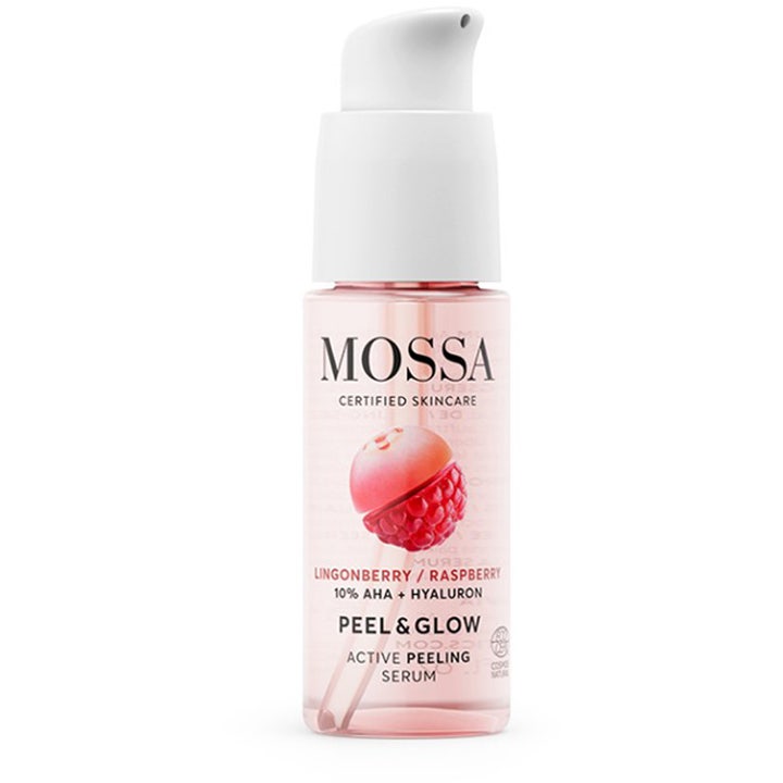 Mossa Peel & Glow Active Peeling Serum 30 ml som gir glød i en klar pumpeflaske med rosa innhold.