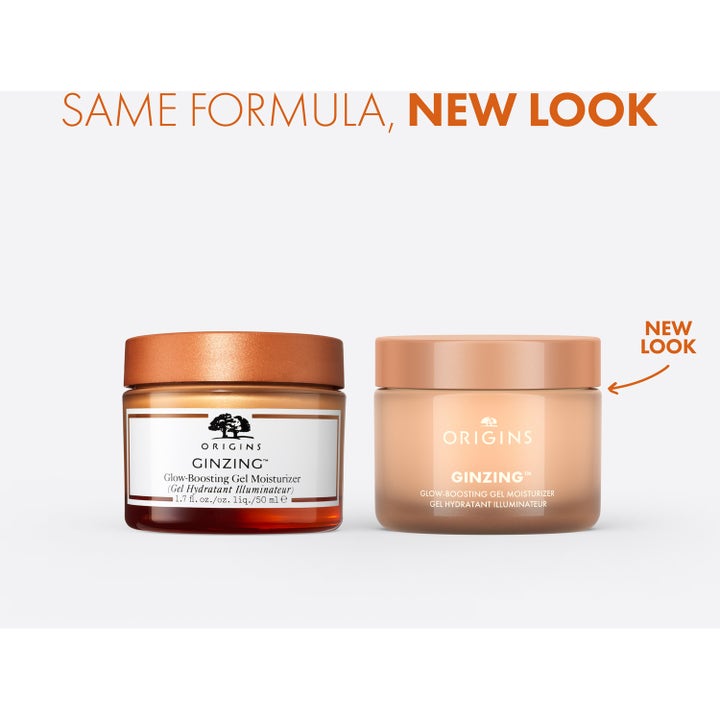 Origins GinZing Glow-Boosting Gel Moisturizer 50 ml ansiktskrem som gir glød vist i krukker med gammelt og nytt design.