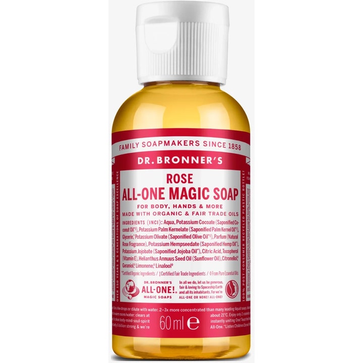 Dr. Bronner's Rose All-One Magic Soap 60 ml er en pleiende såpe i klar plastflaske med rød etikett og hvitt lokk.