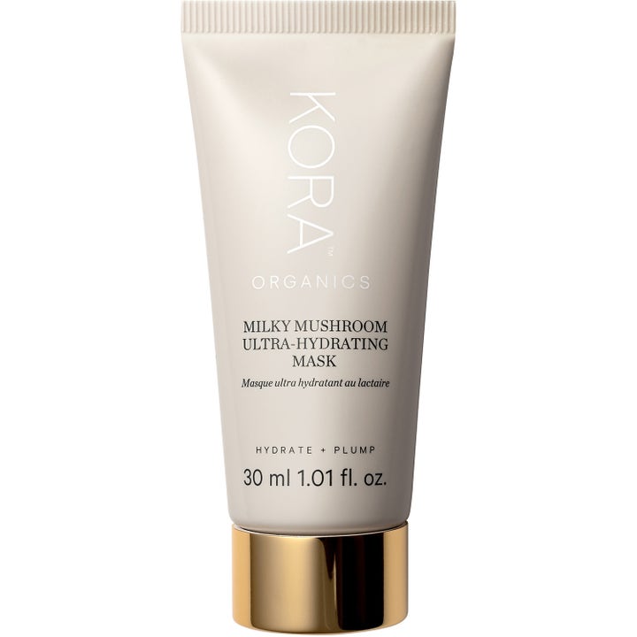 Kora Organics Milky Mushroom Ultra-Hydrating Mask 30 ml fuktighetsgivende ansiktsmaske i beige tube med gullkork.