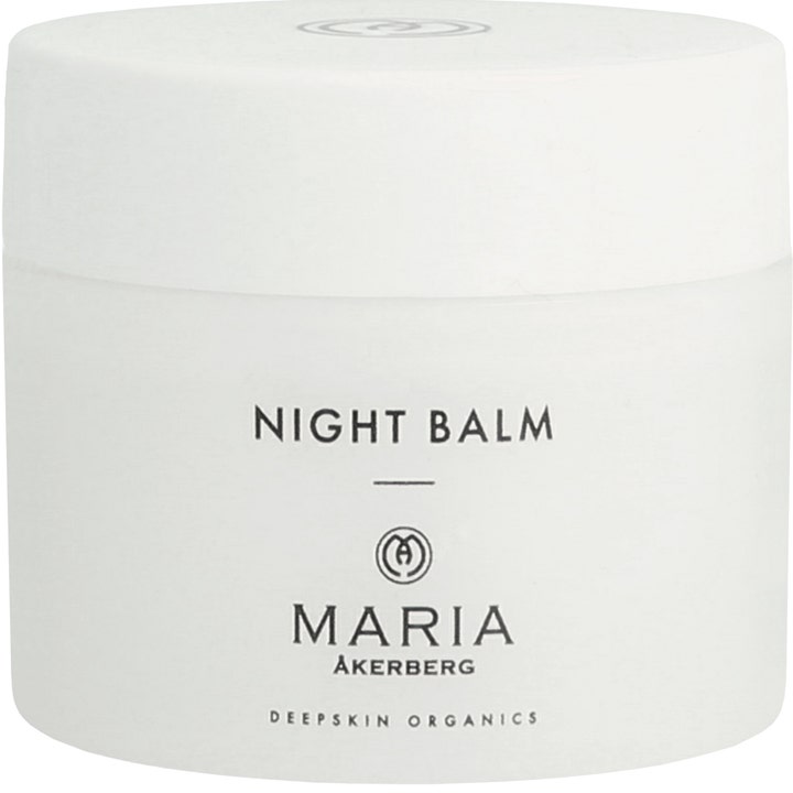 Maria Åkerberg Night Balm nærende ansiktsbalm i en minimalistisk hvit krukke med hvitt lokk og sort tekst.
