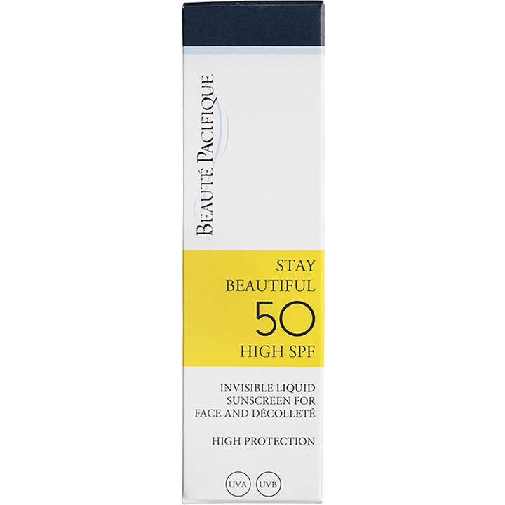 Beauté Pacifique Stay Beautiful 50 ml solkrem for ansikt i hvit eske med gult bånd og SPF 50 for høy beskyttelse