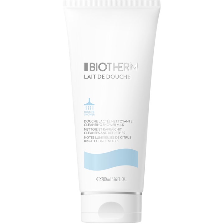 Biotherm Lait de Douche 200 ml fuktighetsgivende dusjkrem på hvit tube som renser og frisker opp huden.