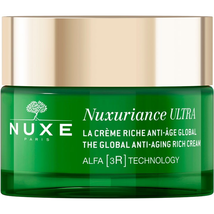Nuxe Nuxuriance Ultra Global Anti-Aging Rich Cream anti-age ansiktskrem i grønn glasskrukke med gulllokk.