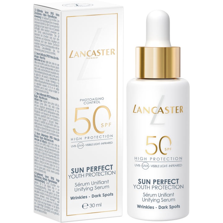 Lancaster Sun Perfect Unifying Serum SPF50 30 ml solkrem for ansiktet mot rynker i hvit flaske med pipette og gullkork