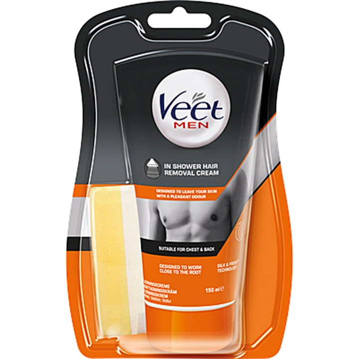 Veet Men In Shower Hair Removal Cream 150 ml hårfjerningskrem i tube med svamp og oransje detaljer