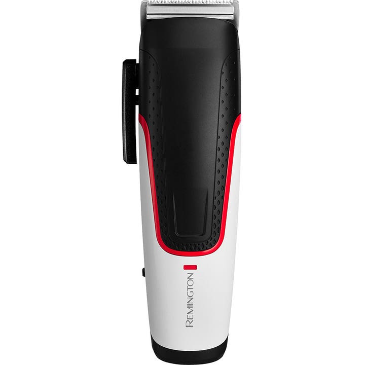 Remington Virtually Indestructible hårklipper i hvitt og sort design med røde detaljer for presis trimming.