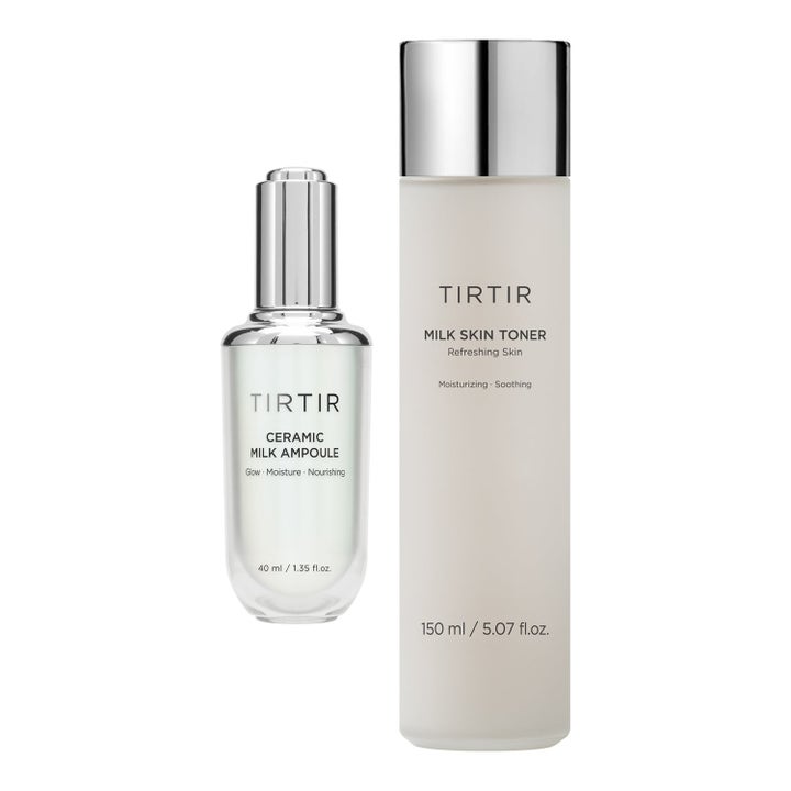TIRTIR Ceramic Milk Ampoule 40ml og Milk Skin Toner 150ml fuktgivende duo i frostet flaske med sølvdetaljer.