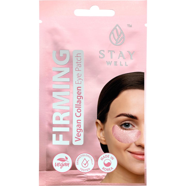 Stay Well Firming Vegan Collagen Eye Patch 1 par oppstrammende øyemaske i rosa pose med glitrende øyepatch
