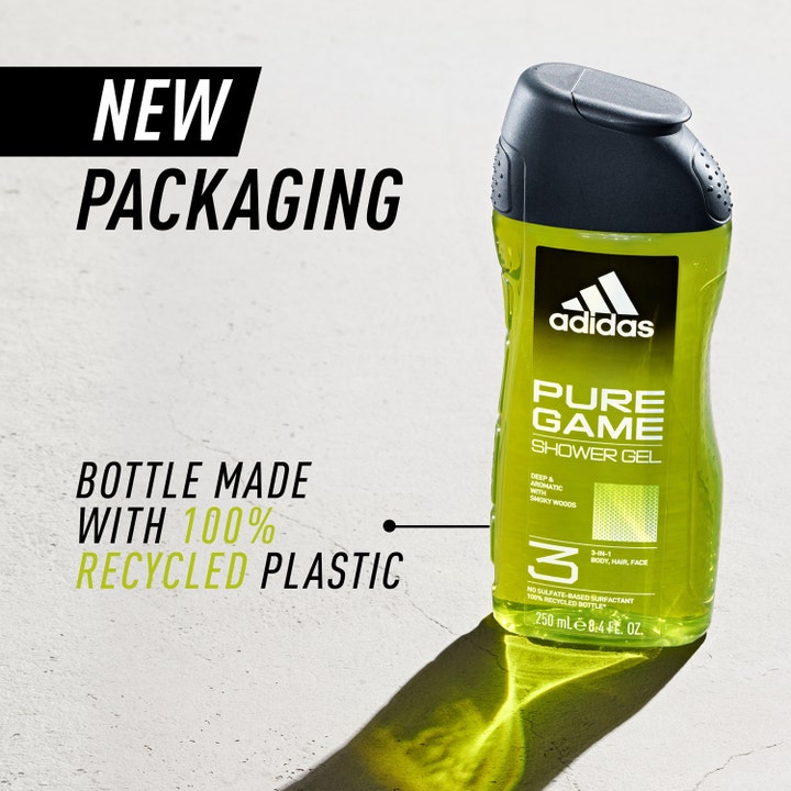 Adidas Pure Game For Him 250 ml 3-i-1 dusjsåpe i flaske av 100 % resirkulert plast med frisk grønn gel.