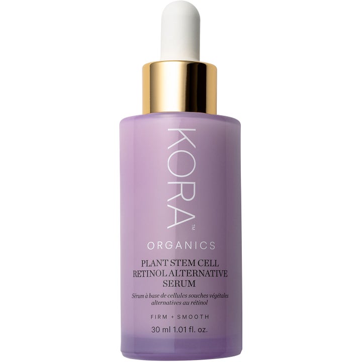 Kora Organics Plant Stem Cell Retinol Alternative Serum 30 ml oppstrammende serum i lilla glassflaske med gullfarget kork.
