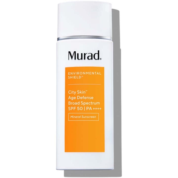 Murad City Skin Age Defense SPF 50 50ml mineralsolkrem som beskytter huden i hvit flaske med oransje etikett
