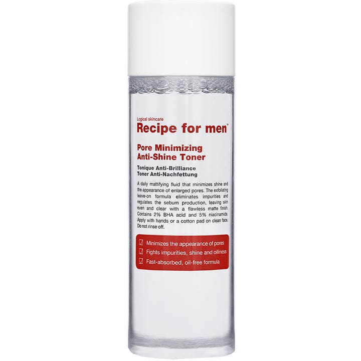 Recipe for men Pore Minimizing Anti-Shine Toner mattifiserende ansiktsvann med BHA og niacinamid i klar plastflaske.