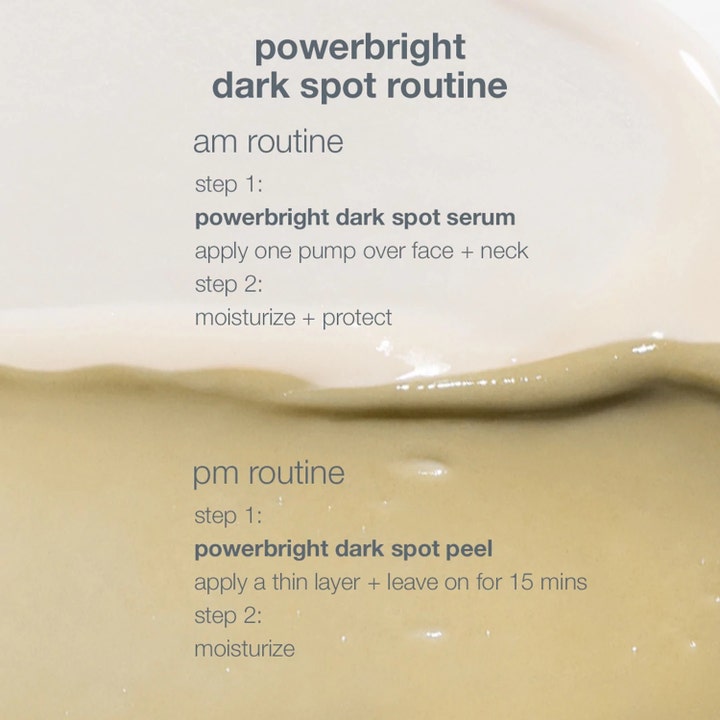 Dermalogica PowerBright Dark Spot System mot pigmentering viser kremet tekstur og steg for morgen- og kveldsrutine.