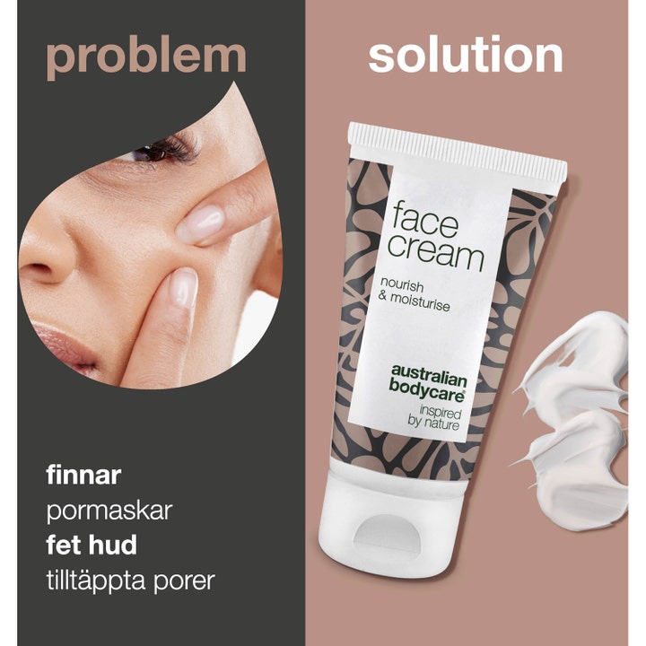 Australian Bodycare Face Cream 50 ml pleiende ansiktskrem mot kviser og urenheter vist som løsning på hudproblemer.