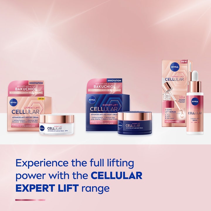NIVEA Cellular Expert Lift 3-zone Lift Serum 30 ml oppstrammende serum i hvit flaske med pipette og matchende hudpleie.