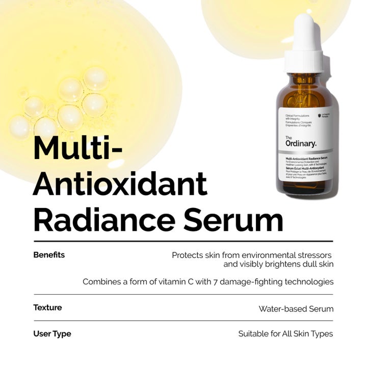 The Ordinary Multi-Antioxidant Radiance Serum 30 ml glødgivende ansiktsserum og gul tekstur med bobler
