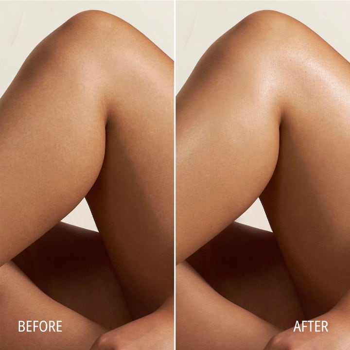 Sol de Janeiro Delicia Drench Body Butter 240 ml før- og etterbilde som viser mer fuktet hud med glød.