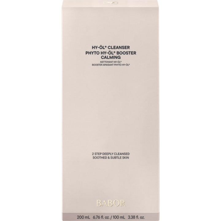 Babor HY-ÖL & Phyto Calming Booster 300 ml beroligende rensesett i en stilren beige ytterforpakning med gullskrift.