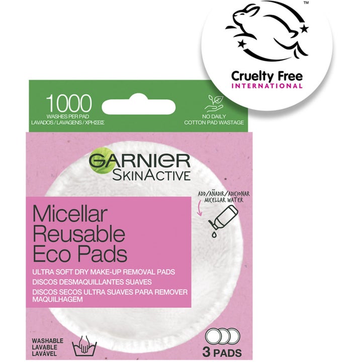 Garnier Reusable Eco Pads 6 stk gjenbrukbare pads som fjerner sminke skånsomt i rosa pakning med Cruelty Free-logo.