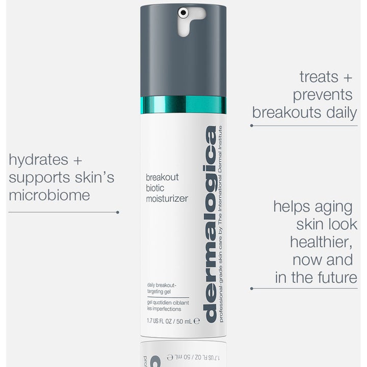 Dermalogica Breakout Biotic Moisturizer 50 ml fuktighetsgivende ansiktskrem i hvit pumpeflaske med turkis detalj.