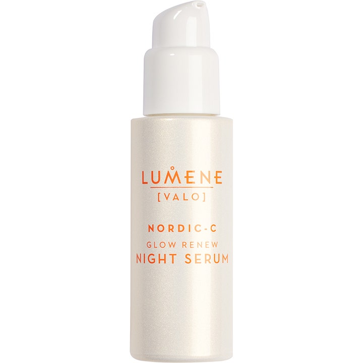 Lumene Nordic-C Glow Renew Night Serum 30 ml glødgivende nattserum i en skimrende hvit flaske med hvit pumpe og oransje tekst