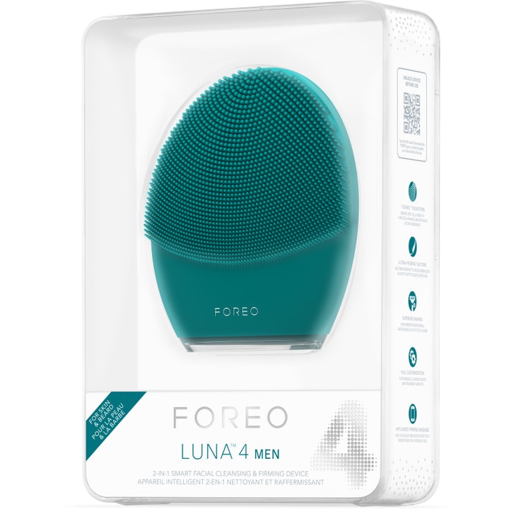FOREO LUNA 4 Men 1 stk rensebørste for dyprens av hud og skjegg i tealblå silikon i hvit og klar eske
