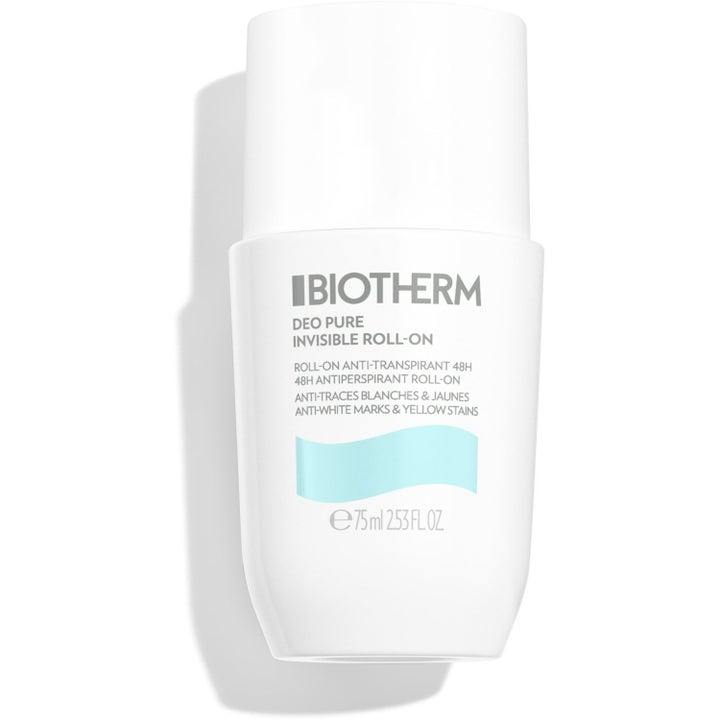 Biotherm Deo Pure Invisible Roll-On 75 ml hvit antiperspirant med lyseblå detaljer som motvirker flekker på klær