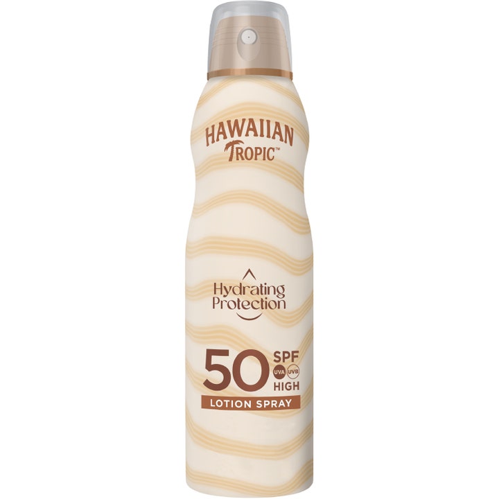 Hawaiian Tropic Hydrating Protection SPF 50 fuktighetsgivende solkrem i hvit sprayflaske med beige bølgemønster.