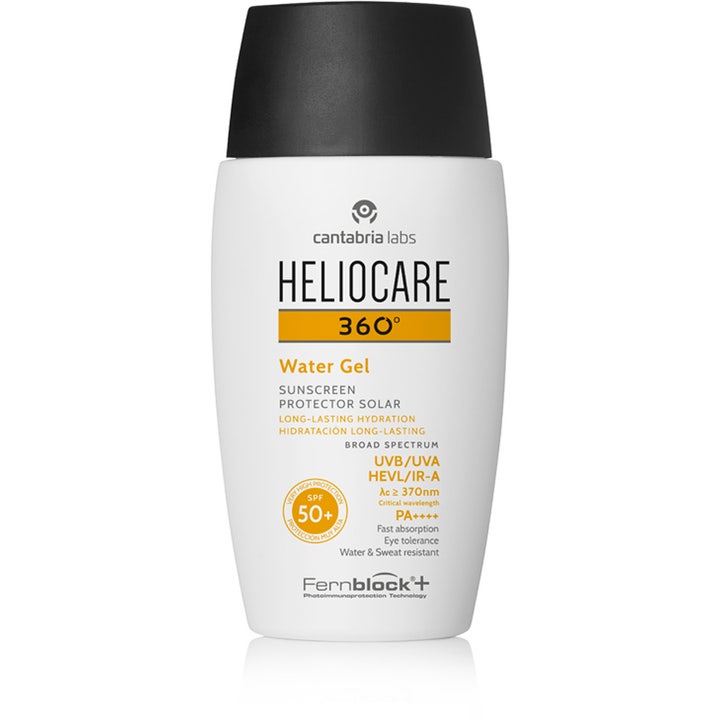Heliocare 360 Water Gel SPF 50+ fuktighetsgivende solkrem i hvit plastflaske med sort kork og oransje tekst