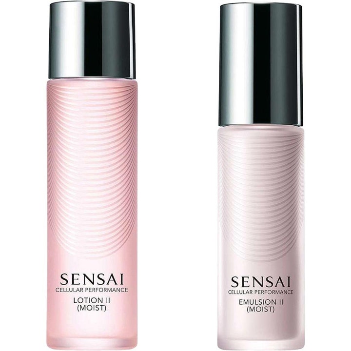 Sensai Cellular Performance Lotion II og Emulsion II fuktighetsgivende hudpleie i rosa flasker med tekstur og sølvlokk