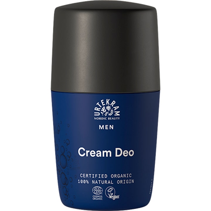 Urtekram Men Cream Deo 50ml økologisk deodorant gir naturlig friskhet i mørkeblå flaske med matt sort kork.