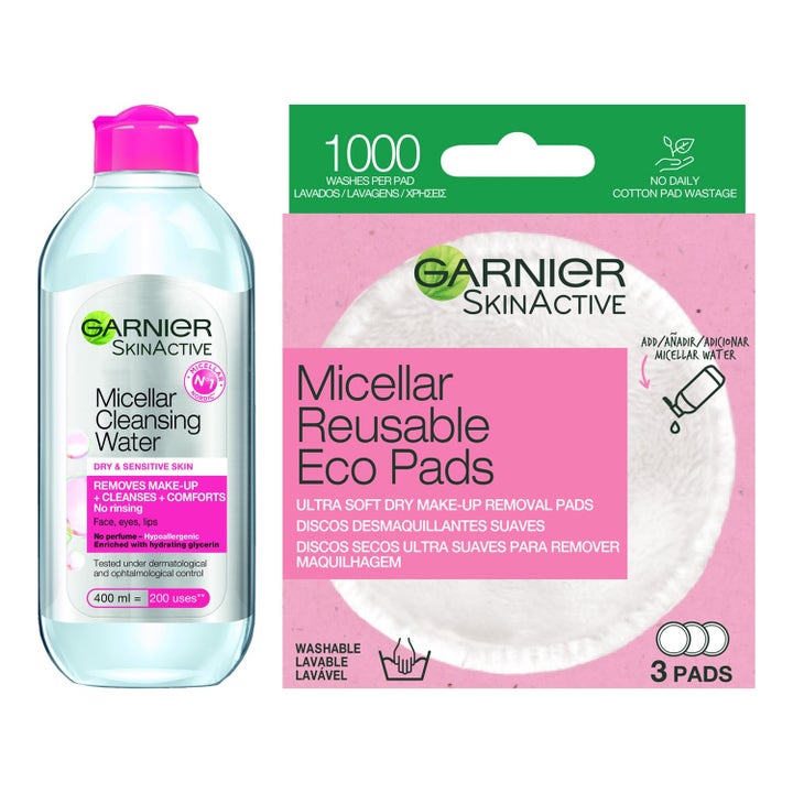 Garnier Micellar Cleansing Water 400ml og Eco Pads skånsom rens i plastflaske med rosa kork og tre gjenbrukbare pads