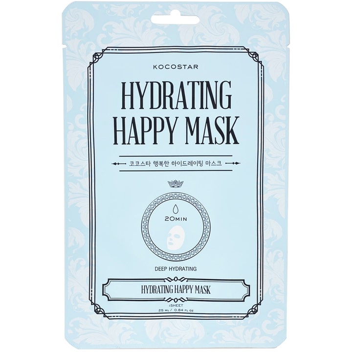 Kocostar Hydrating Happy Mask 25 ml fuktgivende sheetmaske i lyseblå forpakning med hvitt mønster og svart tekst