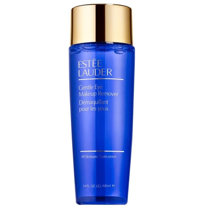 Estée Lauder Gentle Eye Makeup Remover 100 ml skånsom øyesminkefjerner i en dyp blå plastflaske med gullfarget kork