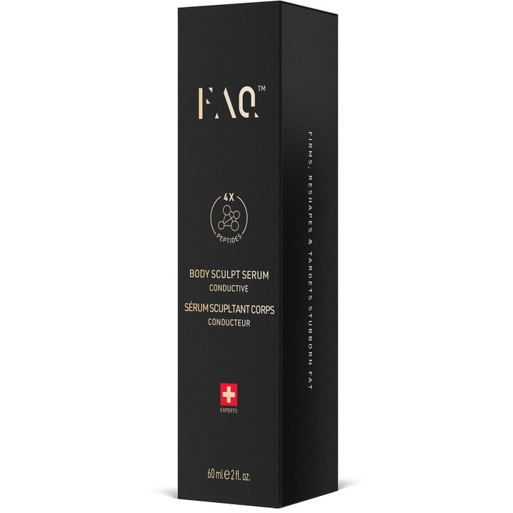 FAQ Swiss FAQ Body Sculpt Serum 60 ml oppstrammende kroppsserum i svart eske med 4X Peptides-ikon og gulltekst
