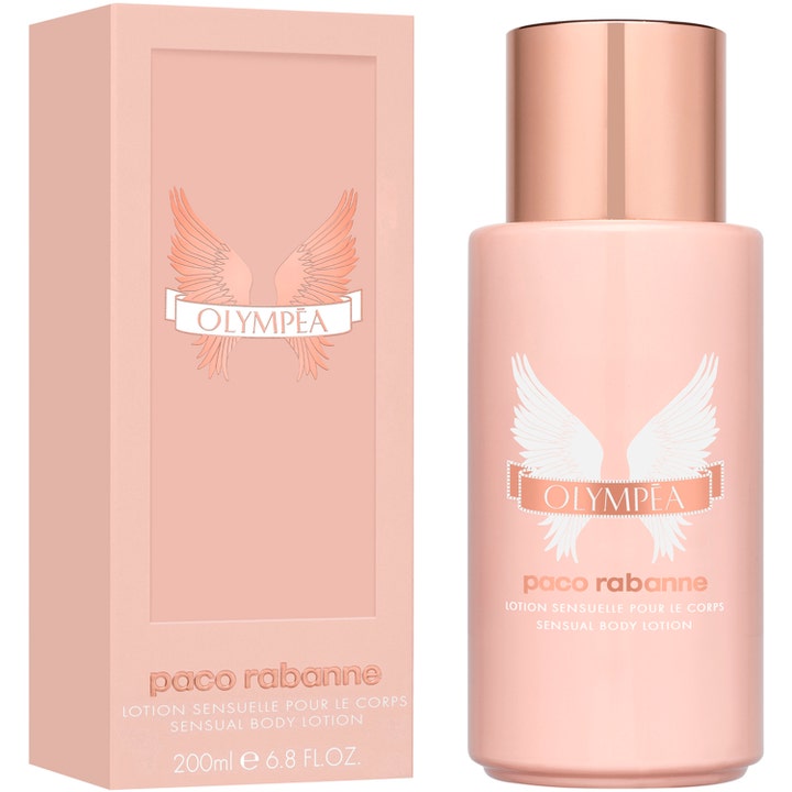 RABANNE Olympea Body Lotion 200 ml fuktighetsgivende kroppslotion i rosa flaske med rosegullfarget kork og vingelogo.