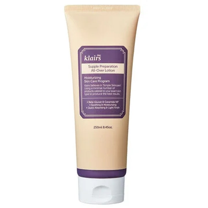 Klairs Supple Preparation All-Over Lotion 250ml fuktighetsgivende lotion i beige tube med lilla etikett og hvit kork.