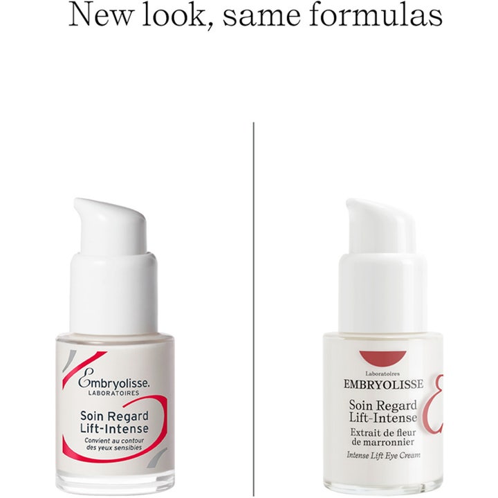 Embryolisse Intense Lift Eye Cream 15 ml løftende øyekrem i hvit pumpeflaske med nytt og gammelt design