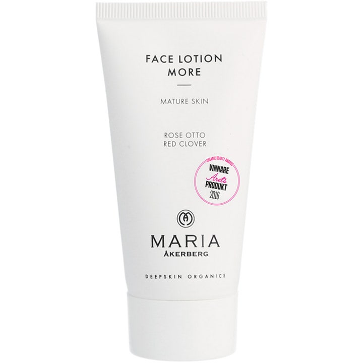 Maria Åkerberg Face Lotion More oppstrammende ansiktskrem for moden hud i hvit tube med sort tekst og rosa emblem.