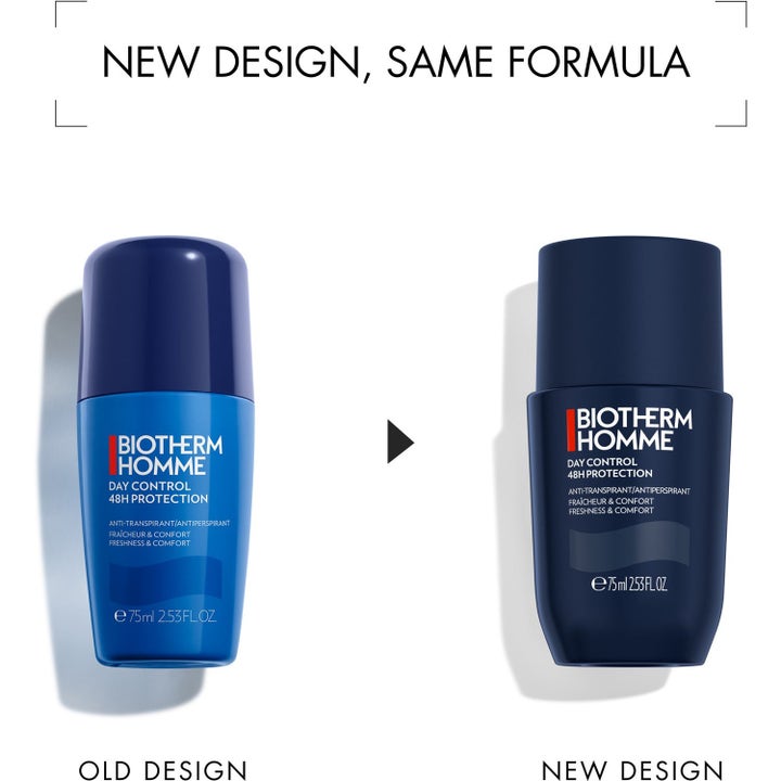 Biotherm Homme Day Control 48H Roll-On 75 ml viser overgangen fra gammelt lyseblått til nytt, mørkeblått design.