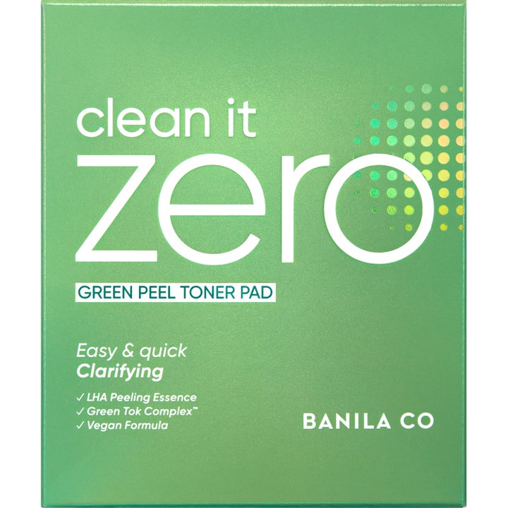 Banila Co Clean It Zero Green Peel Toner Pad 70 stk i grønn eske med tekst om LHA Peeling Essence og Vegan Formula