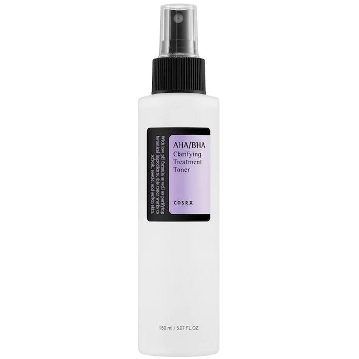 COSRX AHA/BHA Clarifying Treatment Toner 150 ml rensende ansiktstoner i hvit sprayflaske med sort pumpe og lilla etikett