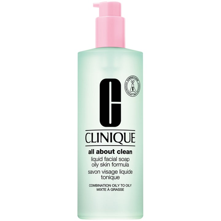Clinique All About Clean Liquid Facial Soap 200 ml ansiktsrens på lysegrønn pumpeflaske med rosa kork.